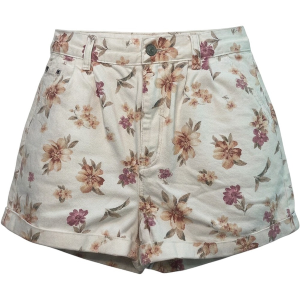 American Eagle Floral High Waisted Mom Denim Shorts White Tan Purple Size 8